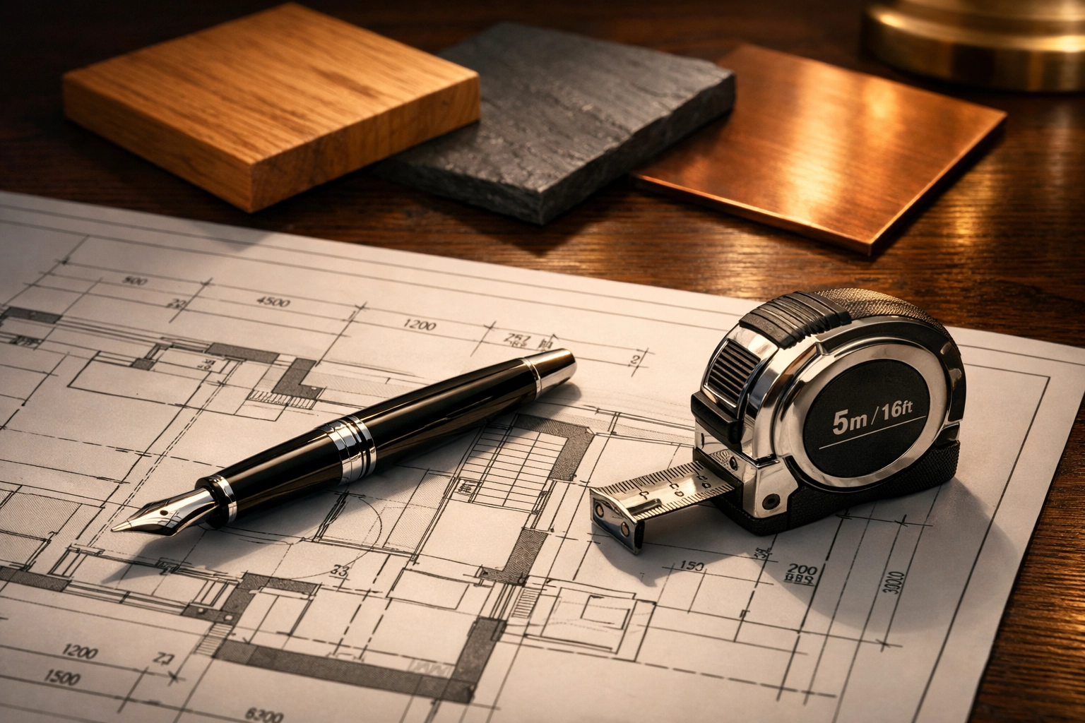 Professional architectural blueprints and material samples for a builder's project roadmap.