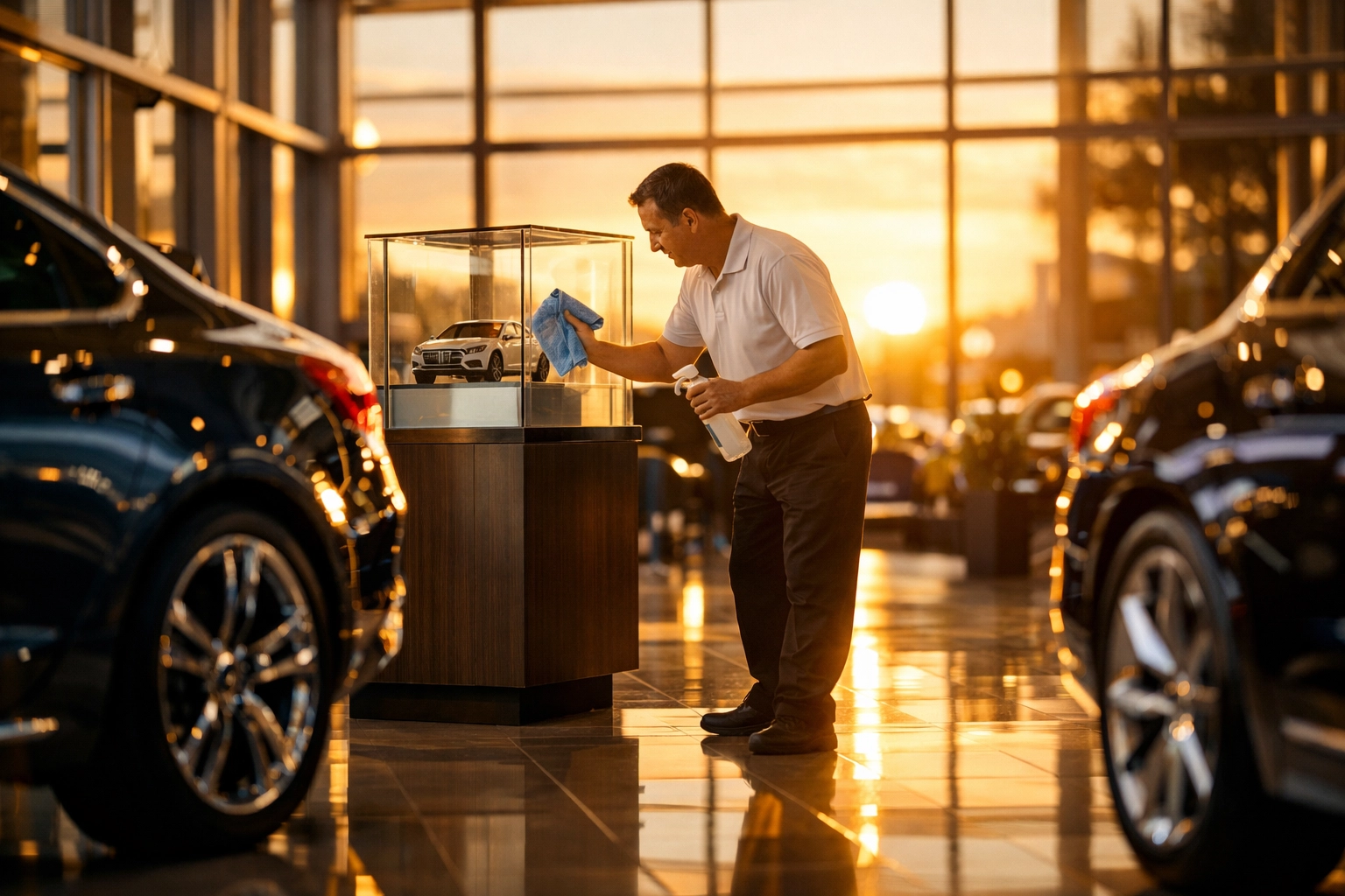 Professional cleaning car dealership showroom with eco-friendly methods in NJ