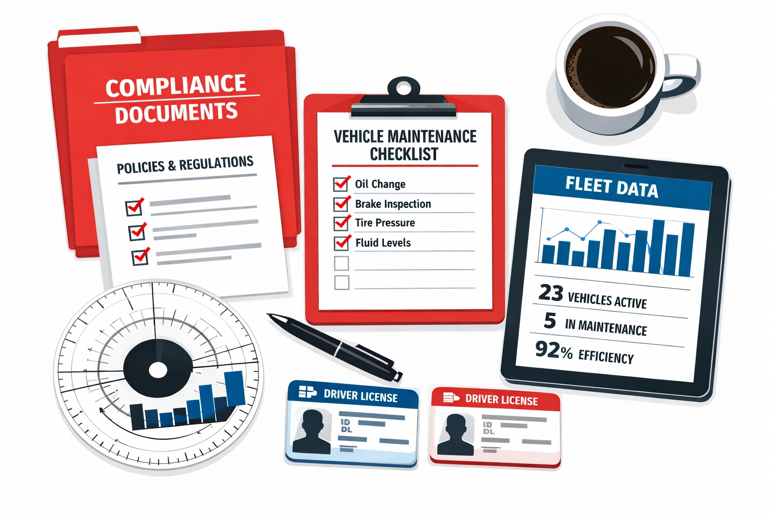 Transport compliance documents and vehicle maintenance checklist organized on manager's desk