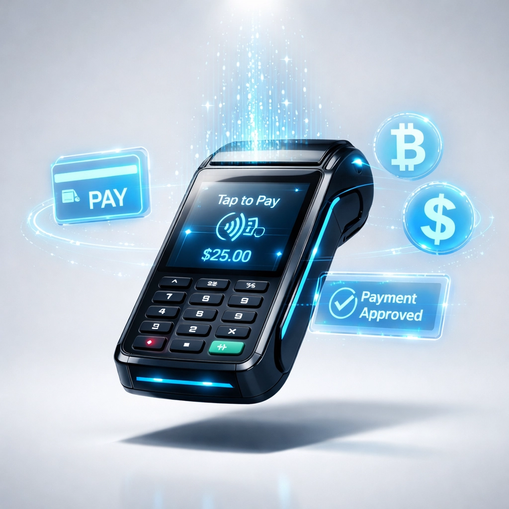 Futuristic crypto payment terminal with digital currency symbols and holographic interfaces