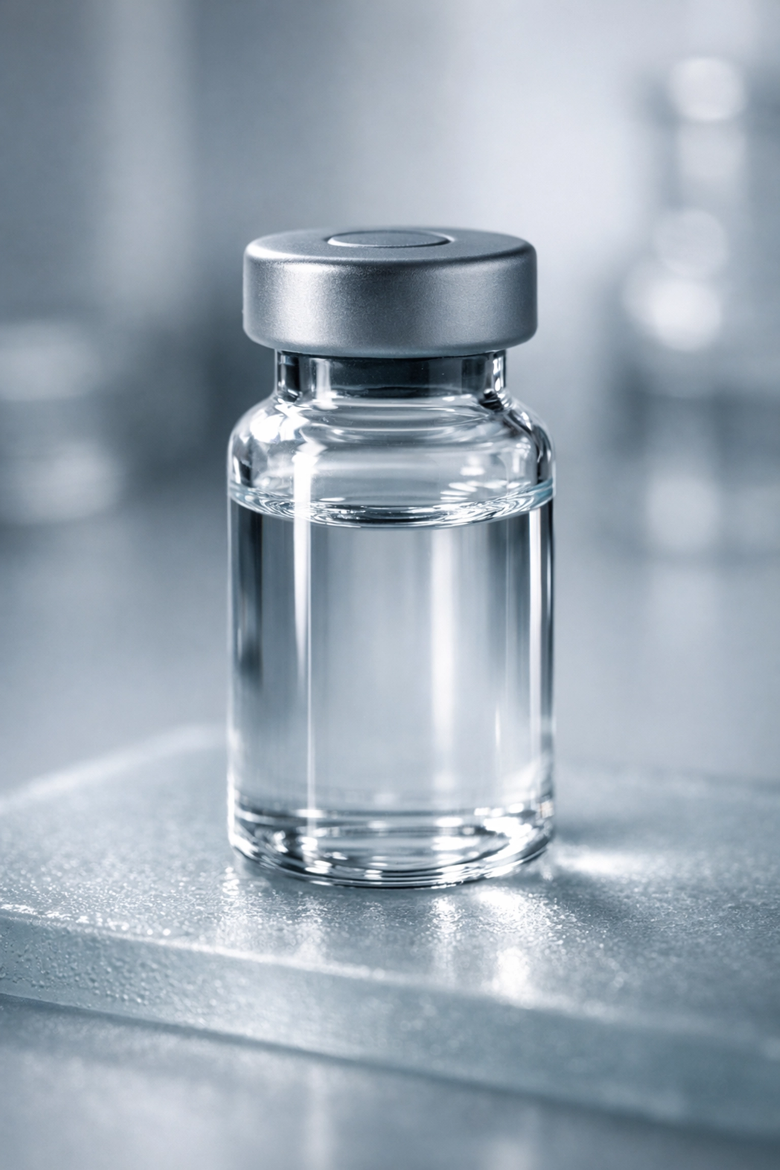 Pristine glass vial for research peptides for weight loss in a clinical setting.