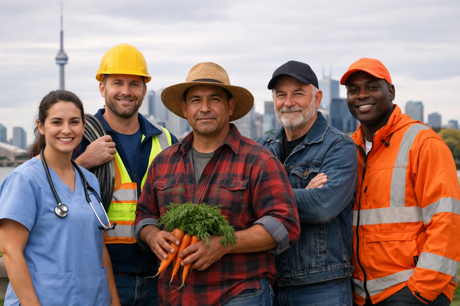 Diverse essential workers in healthcare, trades, and agriculture eligible for the 2026 PR pathway.