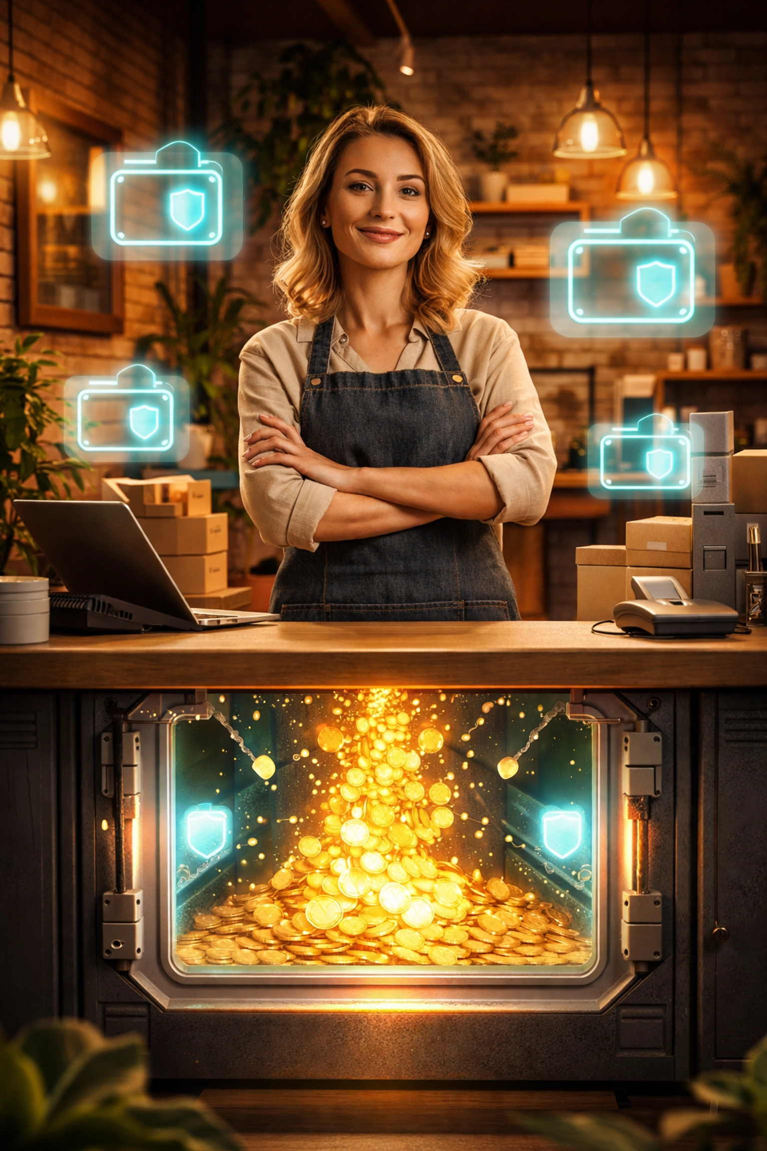 Confident merchant with secure self-custody crypto wallet showcasing compliant digital payment solutions