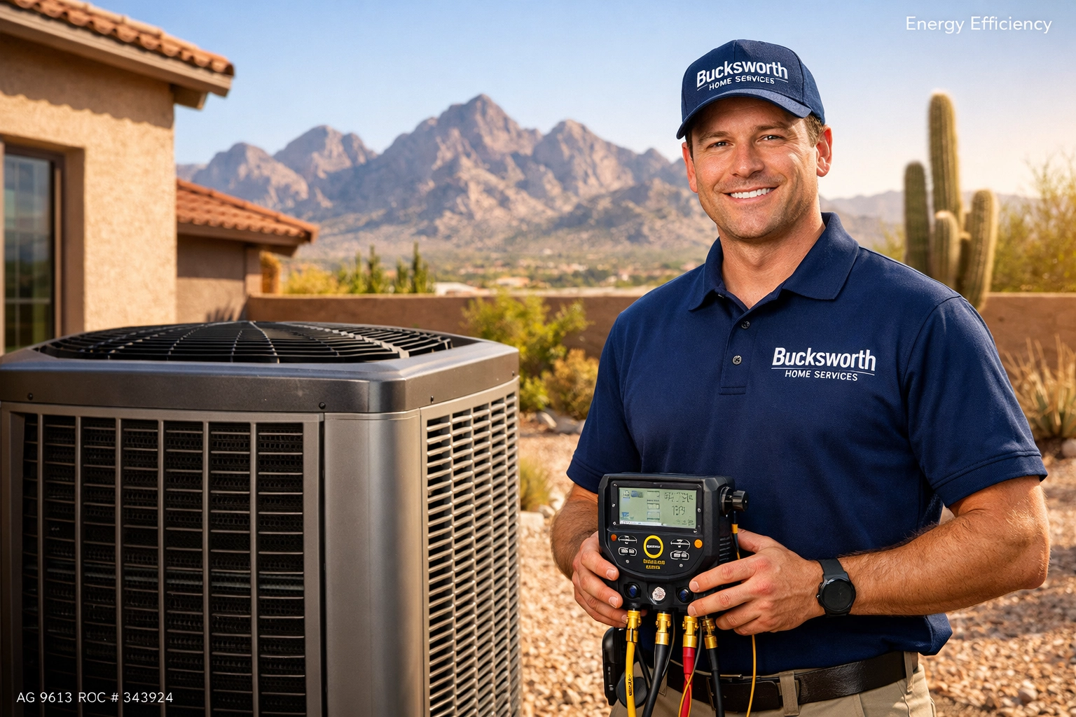 Bucksworth technician inspecting a residential AC unit in Fountain Hills AZ for maximum energy efficiency.