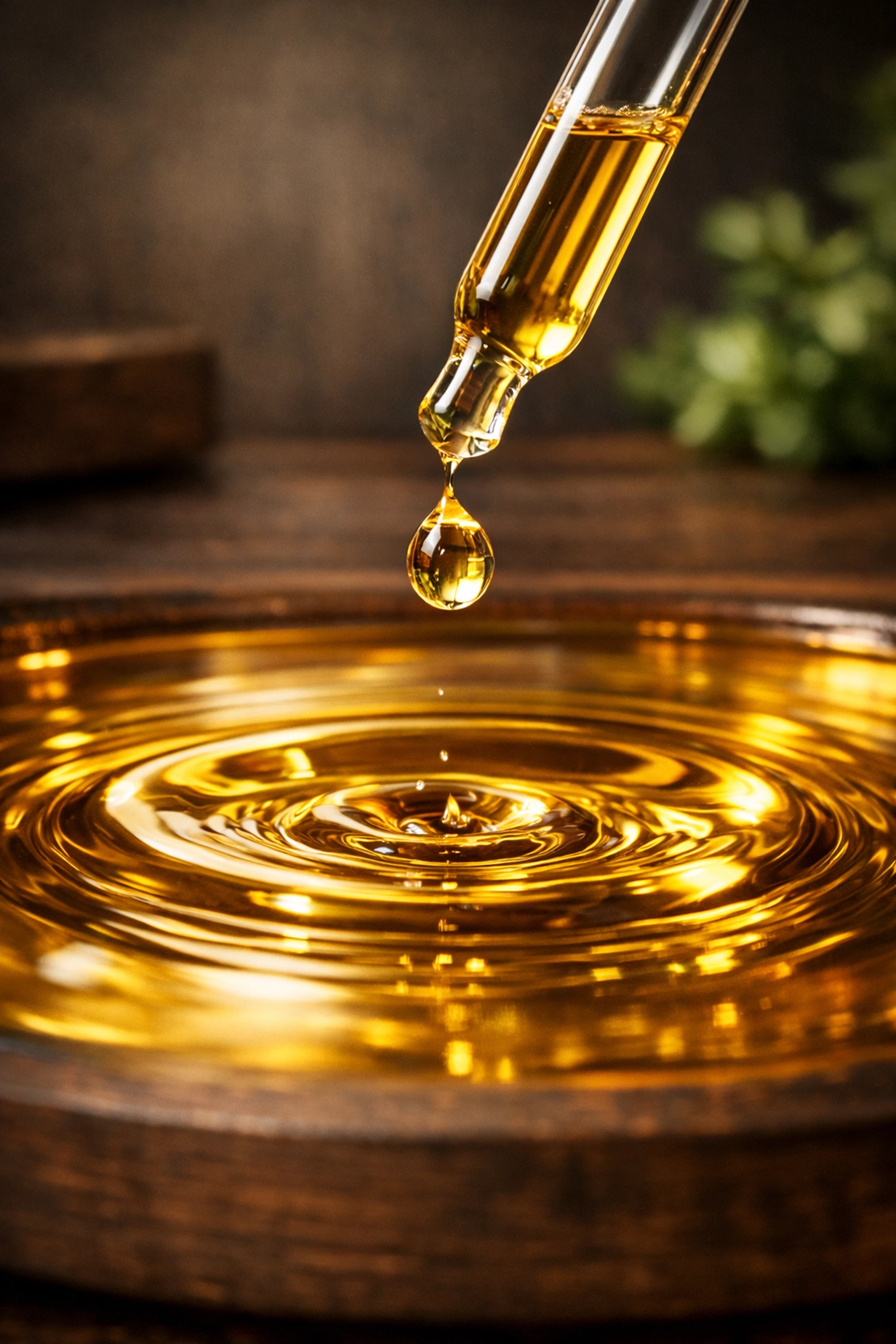 A golden droplet of premium cold-pressed beard oil falling from a glass dropper for skin hydration.