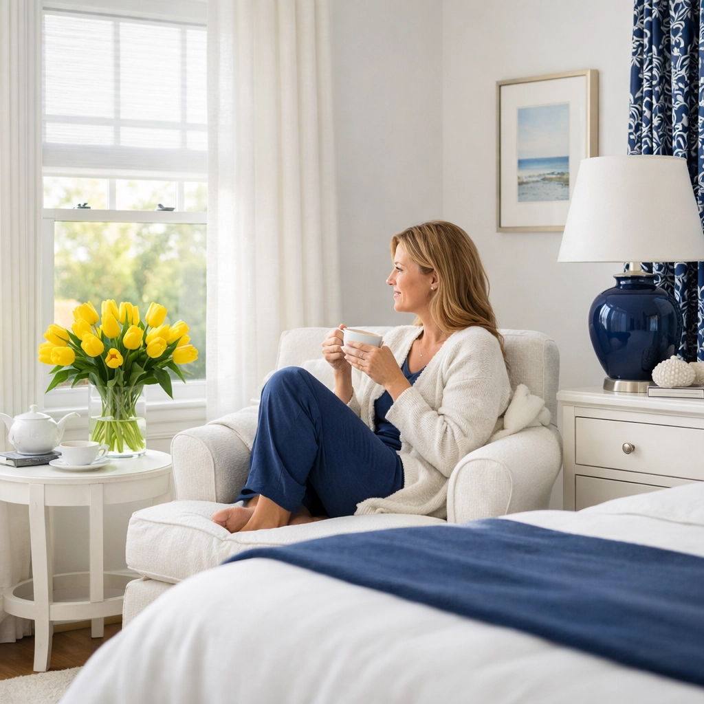 Homeowner relaxing in a dust-free, organized bedroom after an expert Deep Cleaning Wellesley MA session.