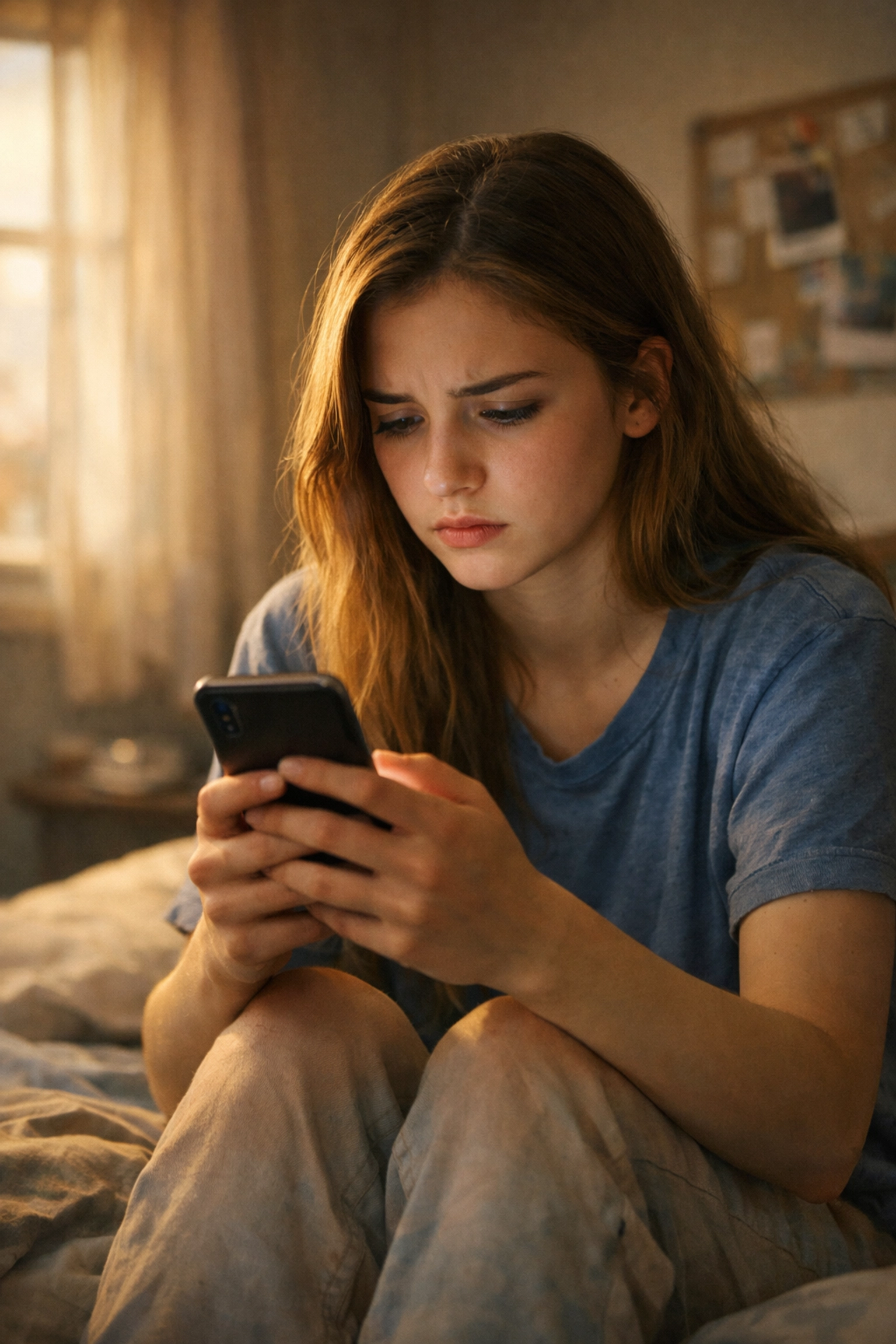 Teen girl looking anxiously at Instagram on smartphone showing social media anxiety
