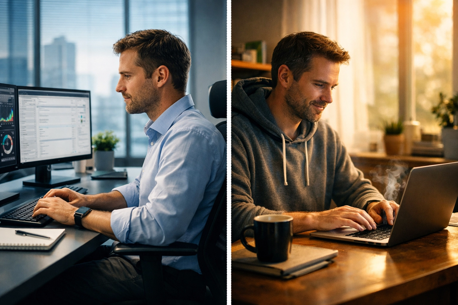 Split screen showing an office worker and a freelancer representing employee vs contractor classification.