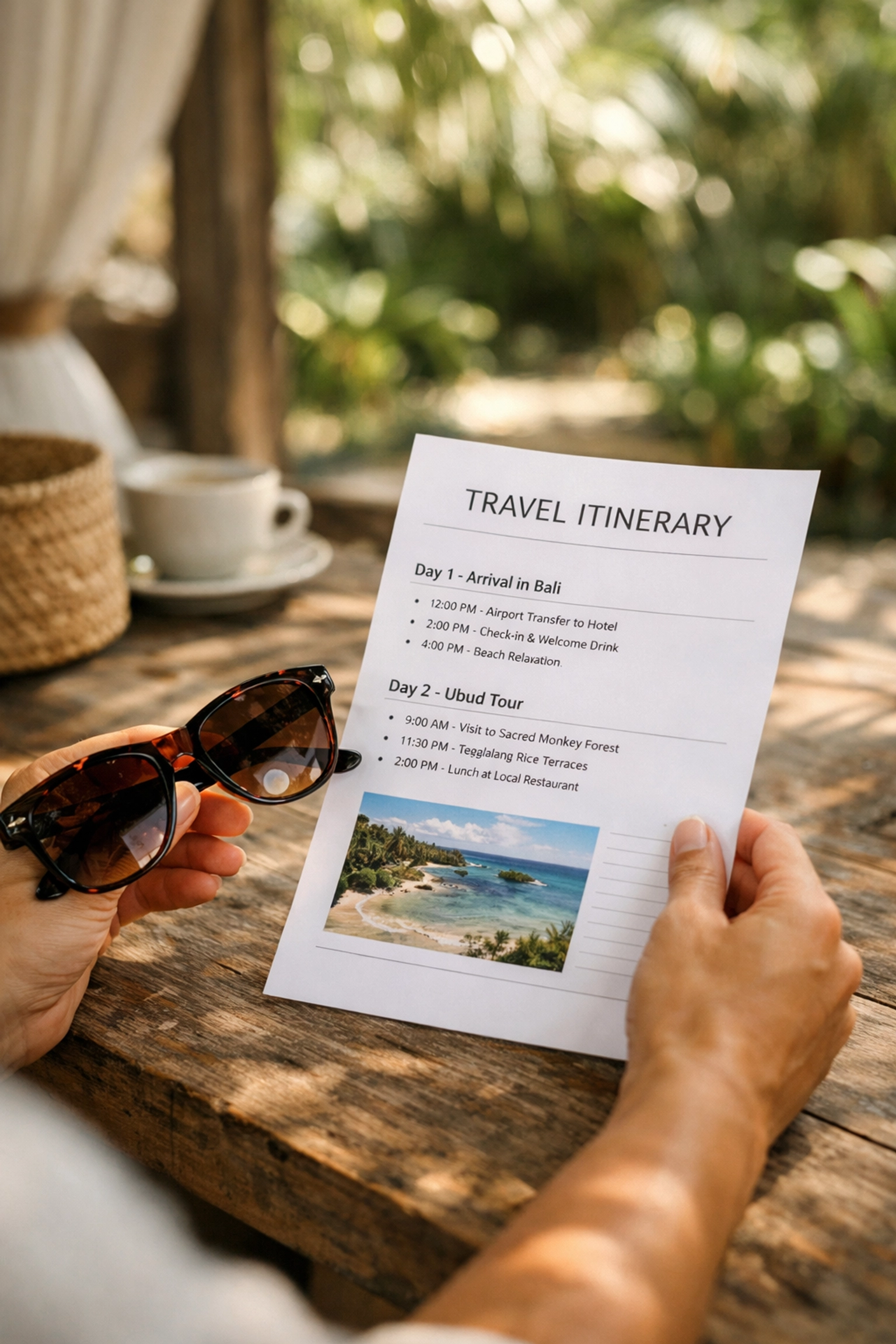 Stress-free travel planning itinerary and sunglasses on a table at a quiet Caribbean resort.