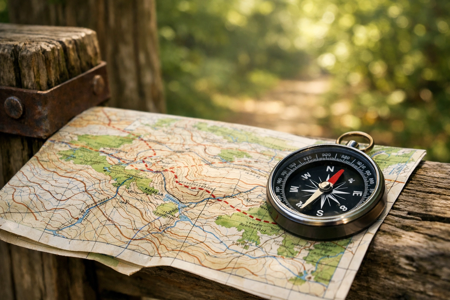 Topographical map and compass ready for navigation on a guided hiking adventure in the UK.