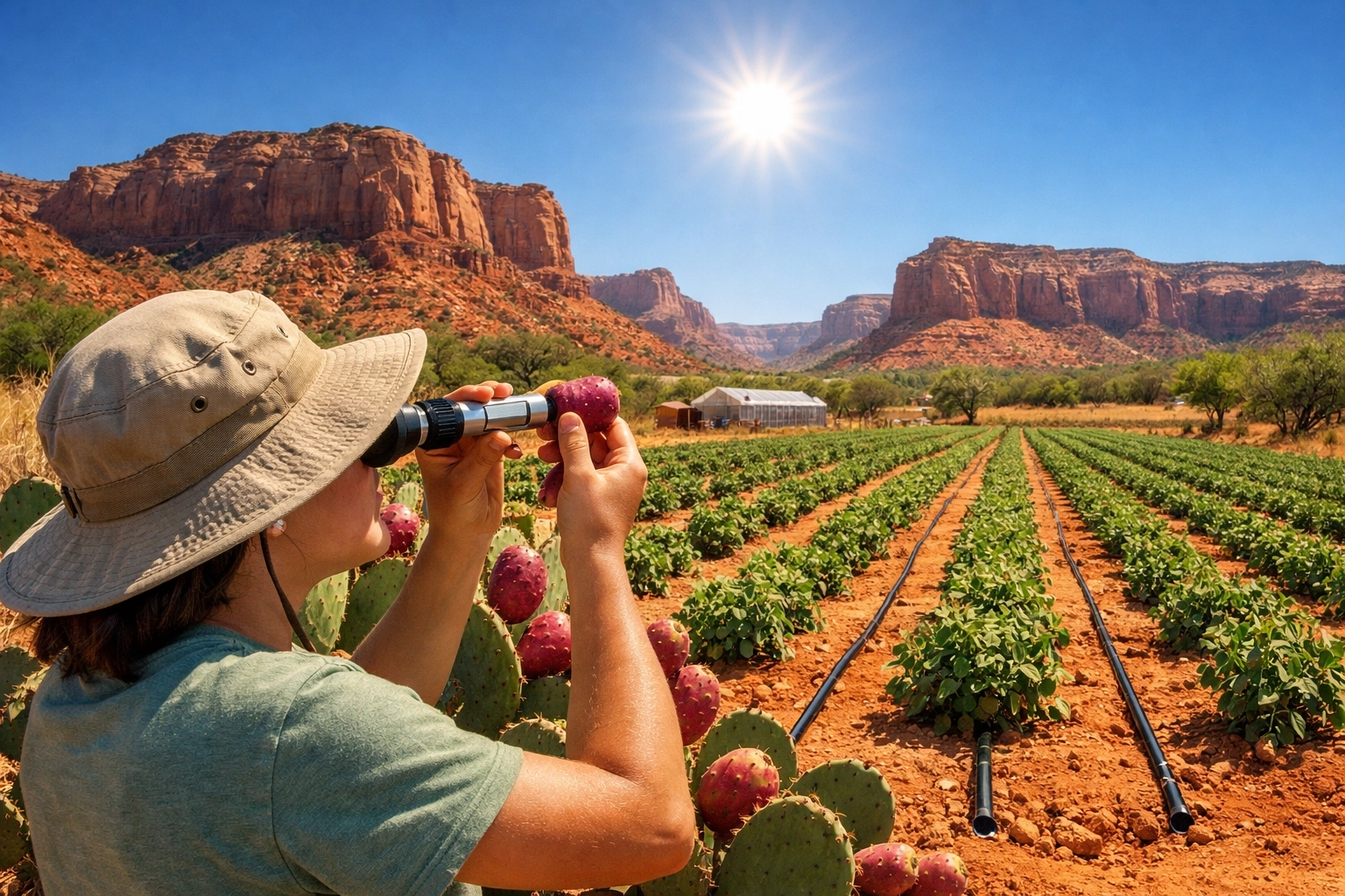 Student testing prickly pear fruit at a sustainable desert farm during an Arizona food science trip.