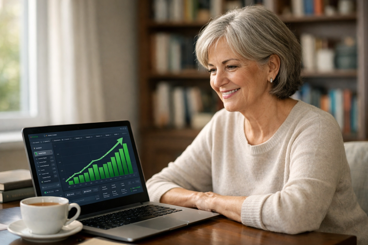 Confident retiree reviewing guaranteed retirement income growth on financial dashboard