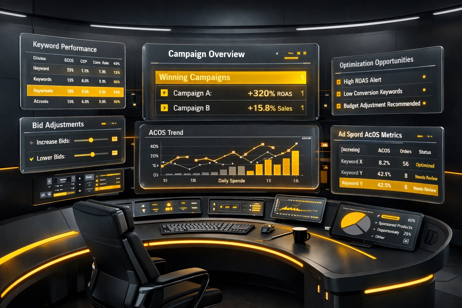 Amazon PPC advertising dashboard showing campaign performance metrics and ACoS optimization data