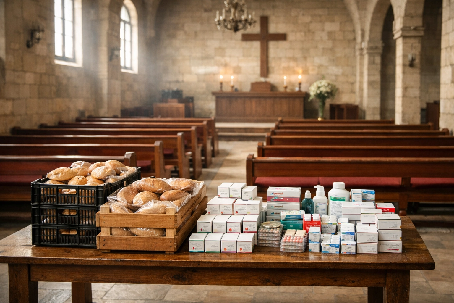 Peaceful church interior in Aleppo with food and medical supplies ready for displaced families.