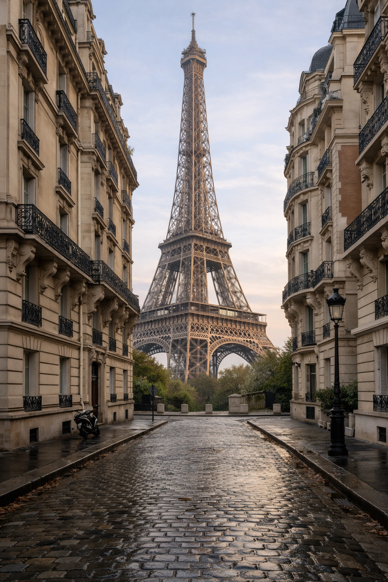 Iconic Eiffel Tower view from a quiet Parisian street, a premier photo spot for European travel photography.