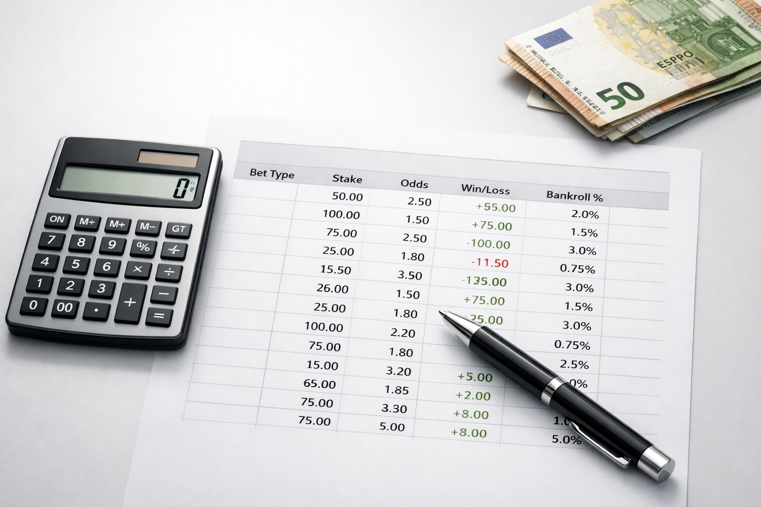 Bankroll-Management Berechnung mit Taschenrechner und Wettkapital-Tabelle
