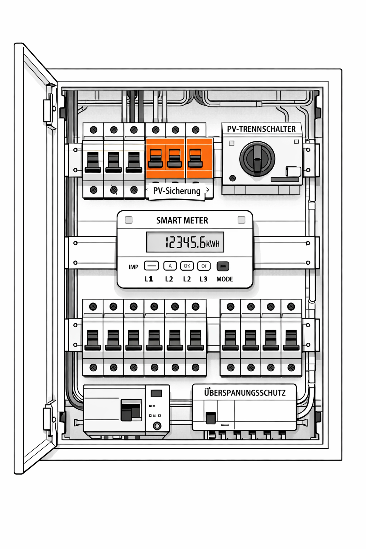 Elektro-Verteilerkasten mit digitalem Zähler für effizientes Energiemanagement einer PV Anlage.