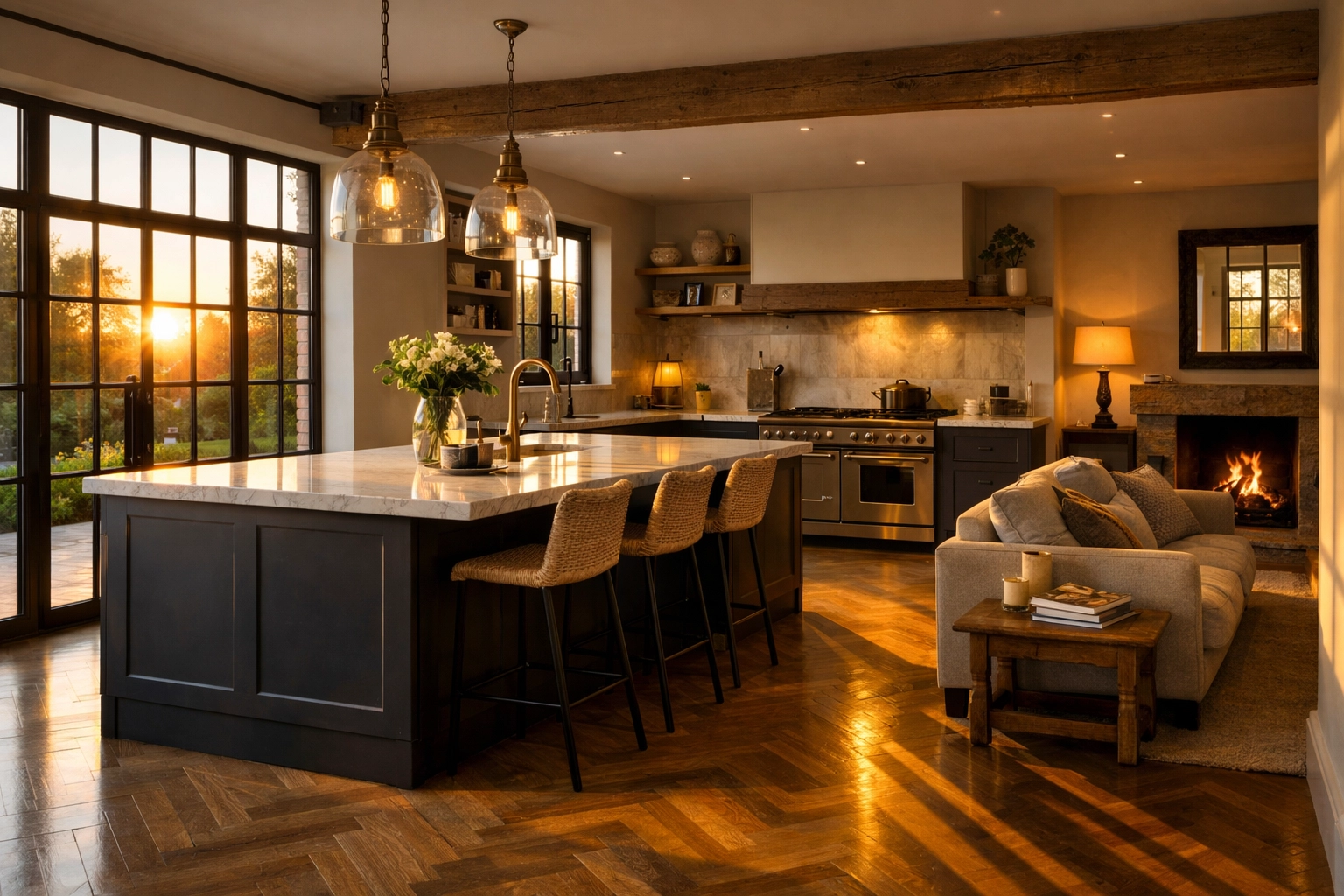 Stunning finished interior of a modern open-plan kitchen renovation in a West Sussex property.