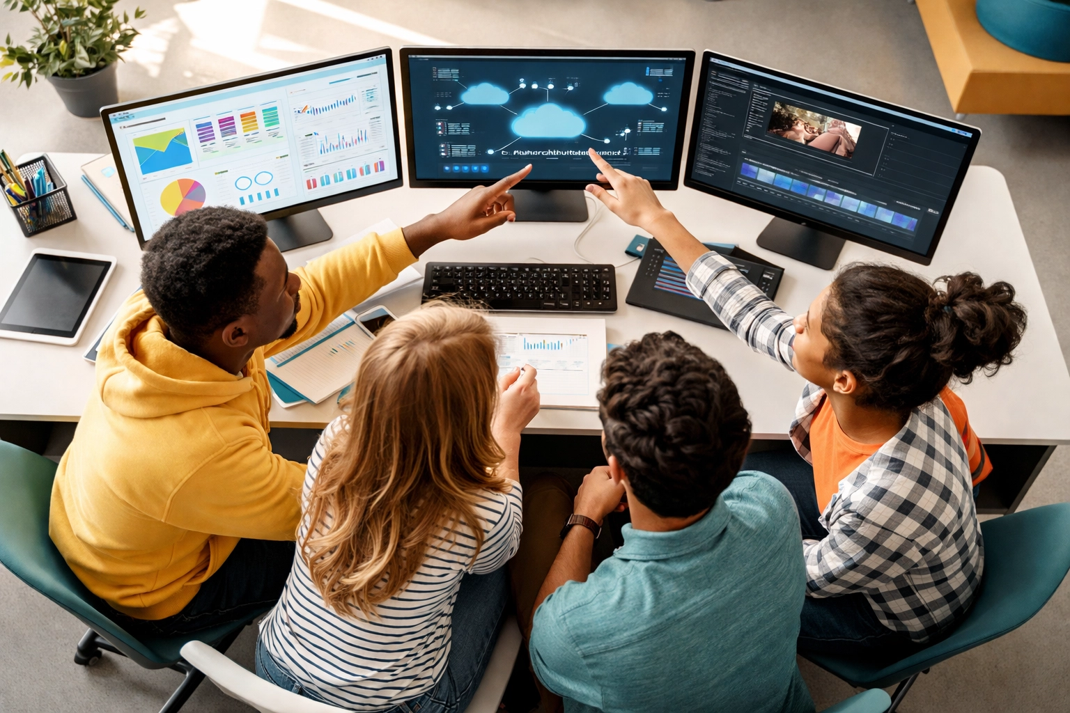 Diverse students engaged at a modern learning station with data dashboards, showing innovative workforce development