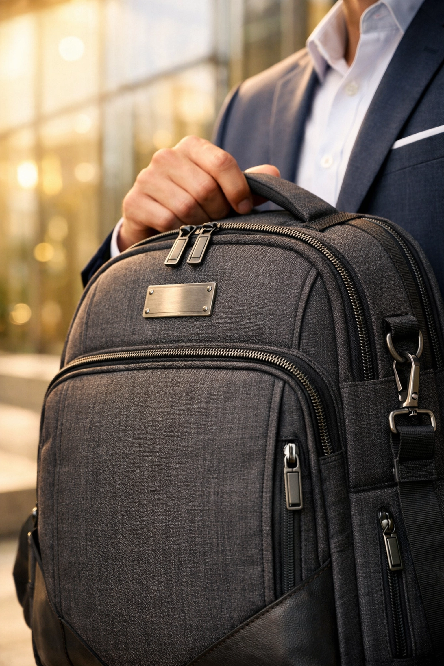 Close-up of a high-end corporate gift tech backpack representing professional brand consistency.