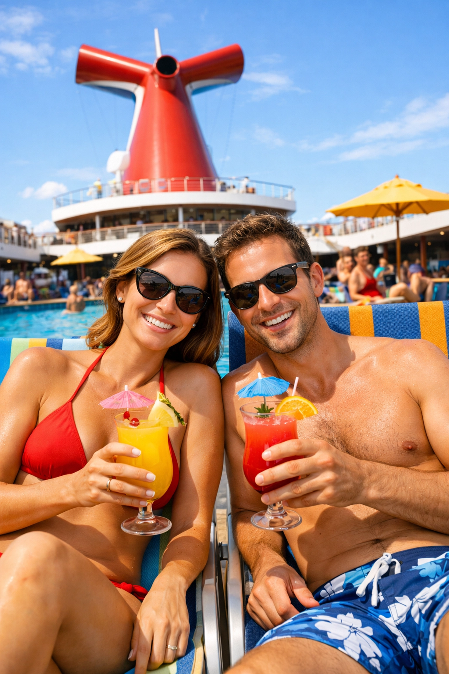 Couple relaxing on Carnival cruise ship pool deck with tropical drinks