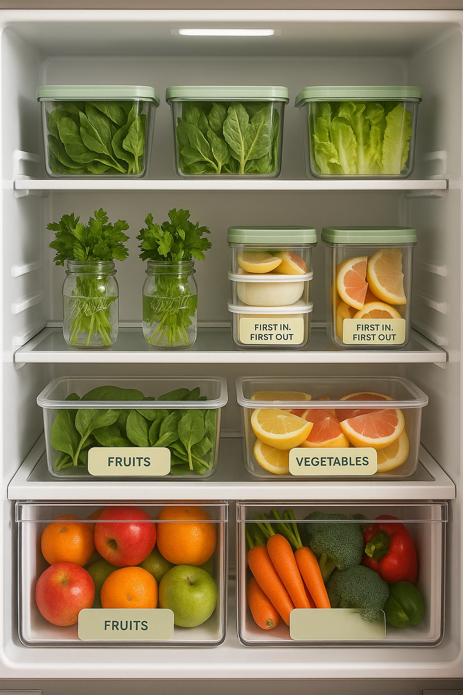 A view inside a refrigerator with fruits and vegetables sorted and stored in clear containers. Stop Wasting Money! Unlock the Secrets to Zero Food Waste