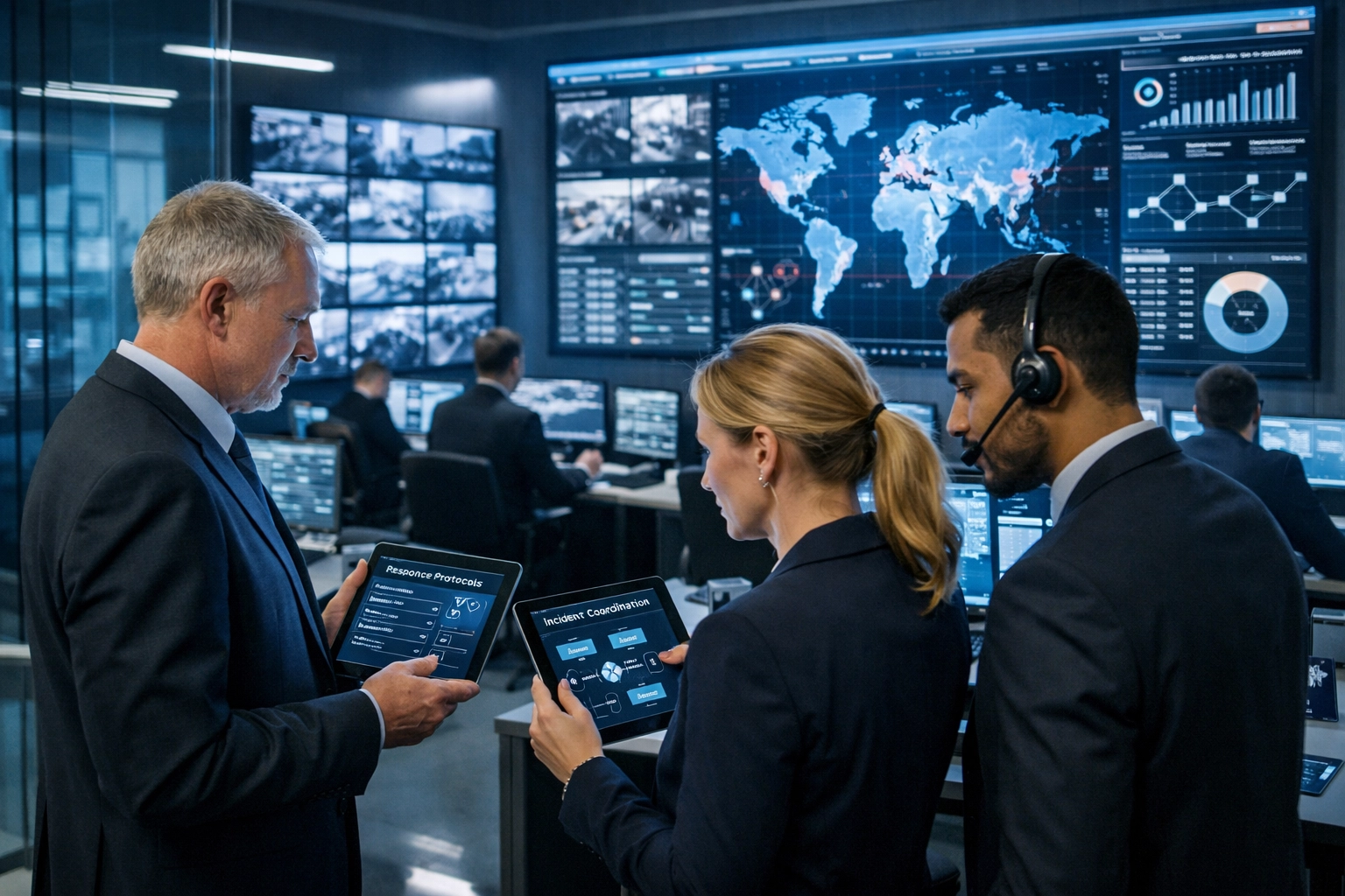 Corporate command center managing Super Bowl executive travel security and intelligence coordination