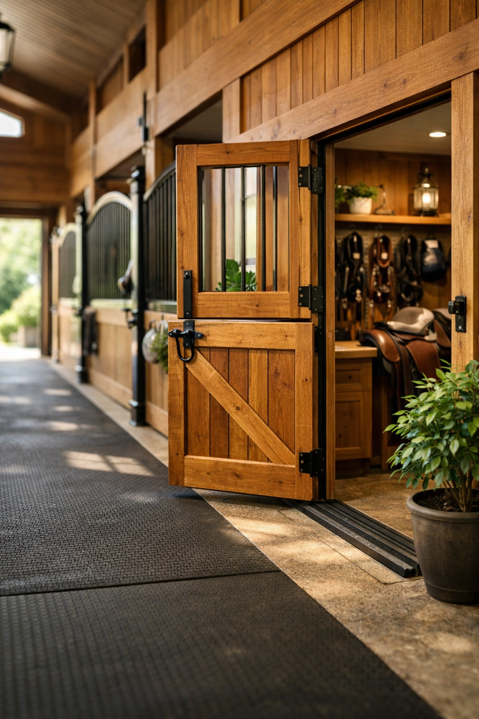 Custom barn interior with organized tack room and quality finishes for Charlotte equestrian property