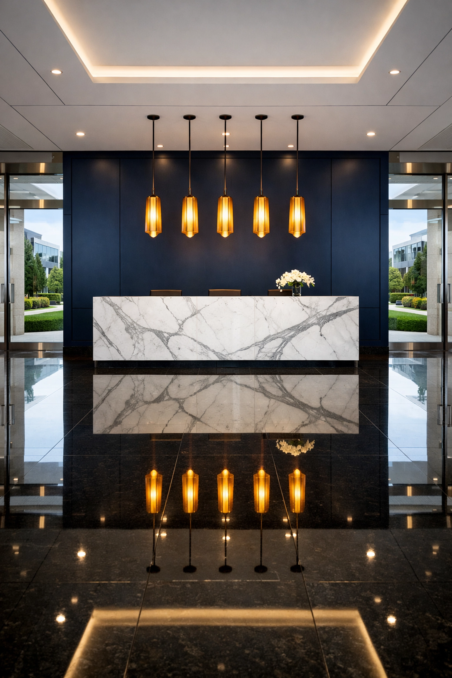 Immaculate commercial lobby in Boxborough with polished floors representing professional office cleaning standards.