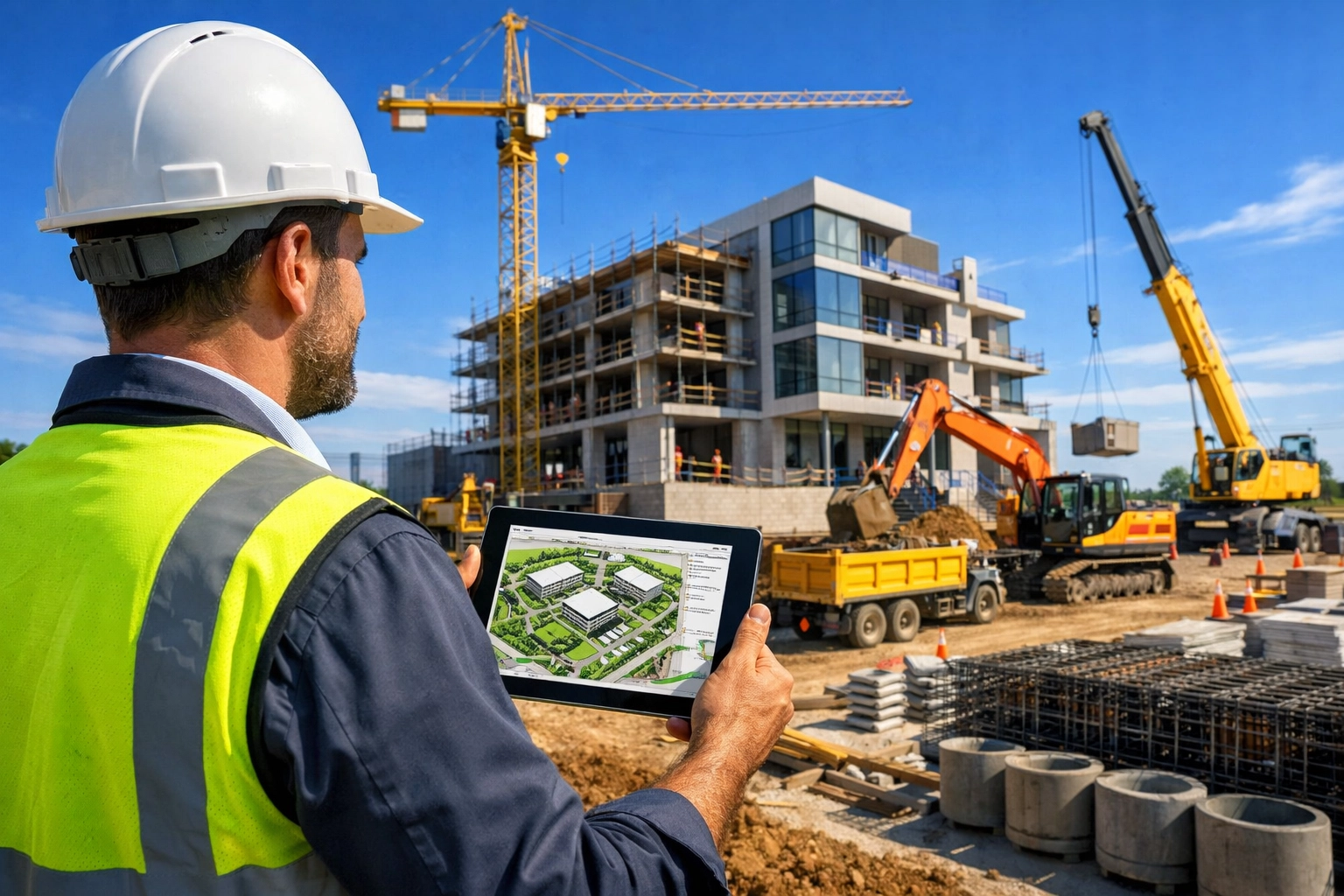 Civil engineer holding a tablet with a finalized site plan at an active Ontario building project site.