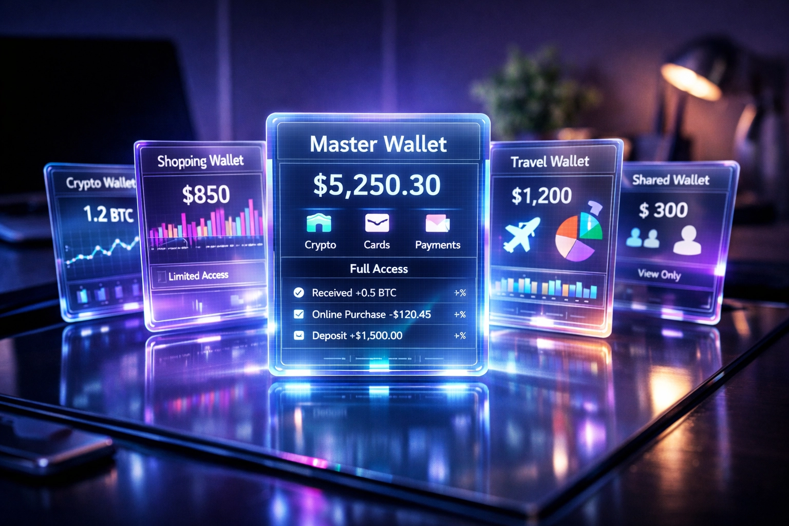 Larecoin master wallet with multiple sub-wallets showing merchant account transaction controls