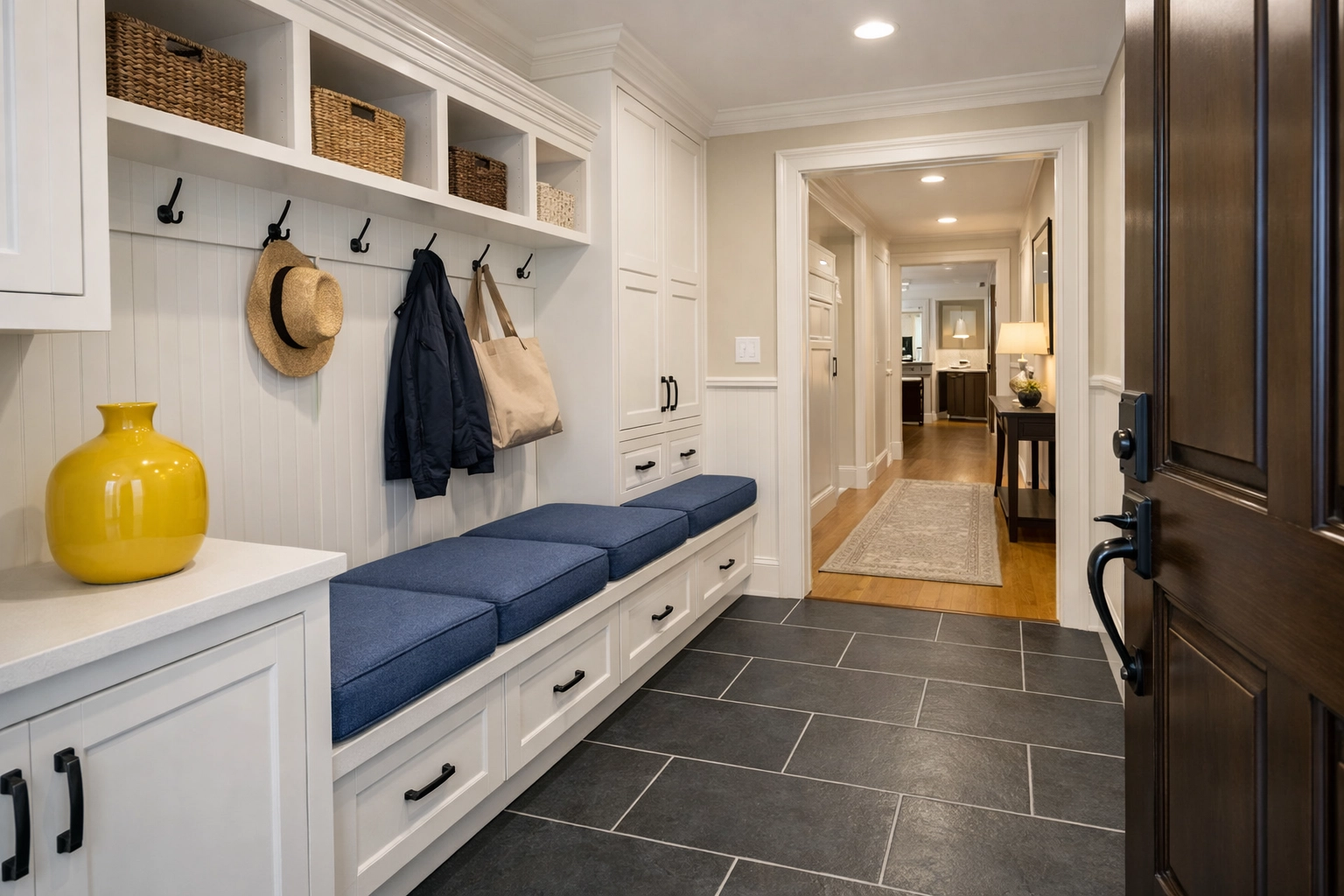 A perfectly clean and organized mudroom entryway from professional house cleaning in Ashburnham MA.