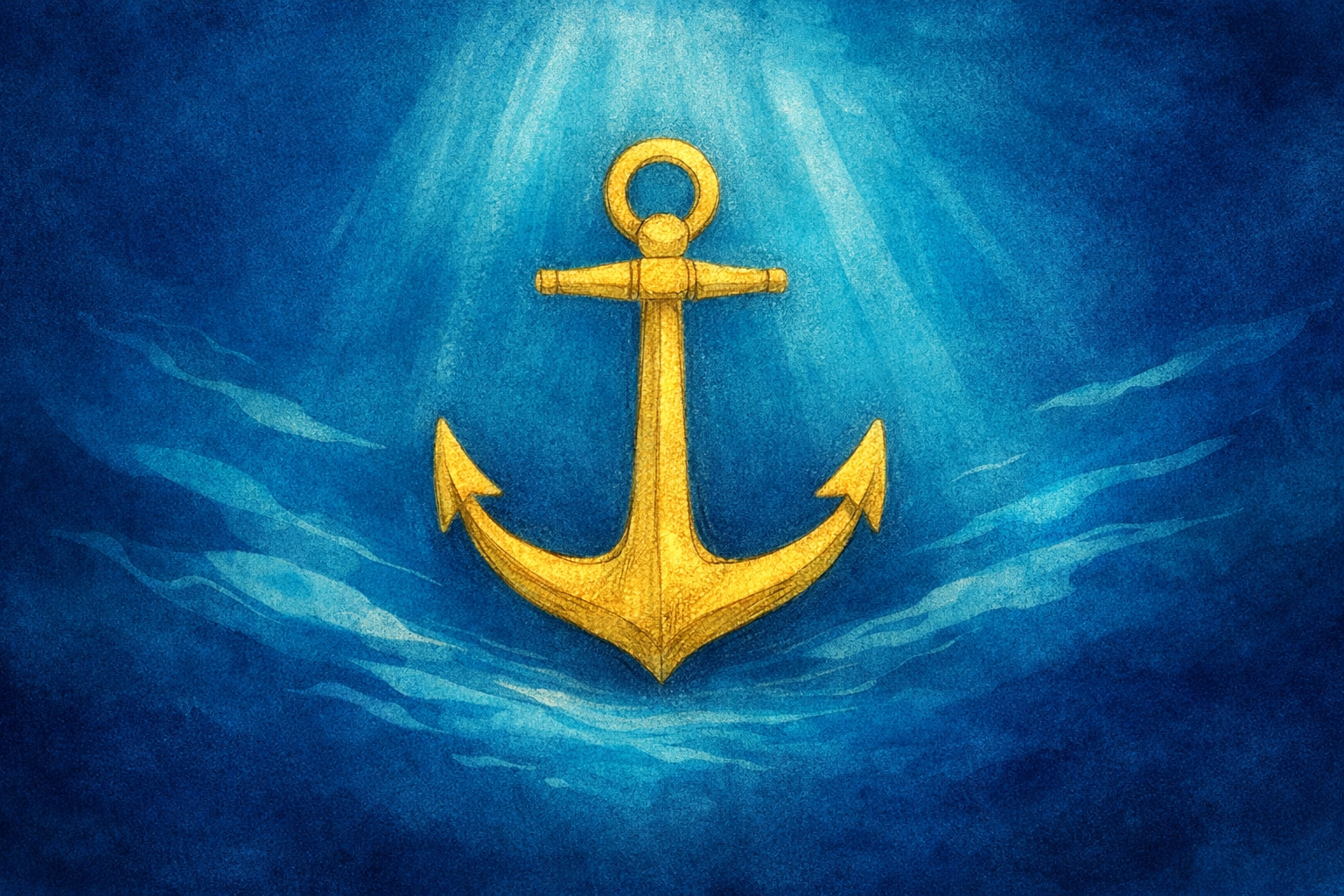 A golden anchor in blue water, symbolizing the sure and steadfast hope of the soul in Christ.