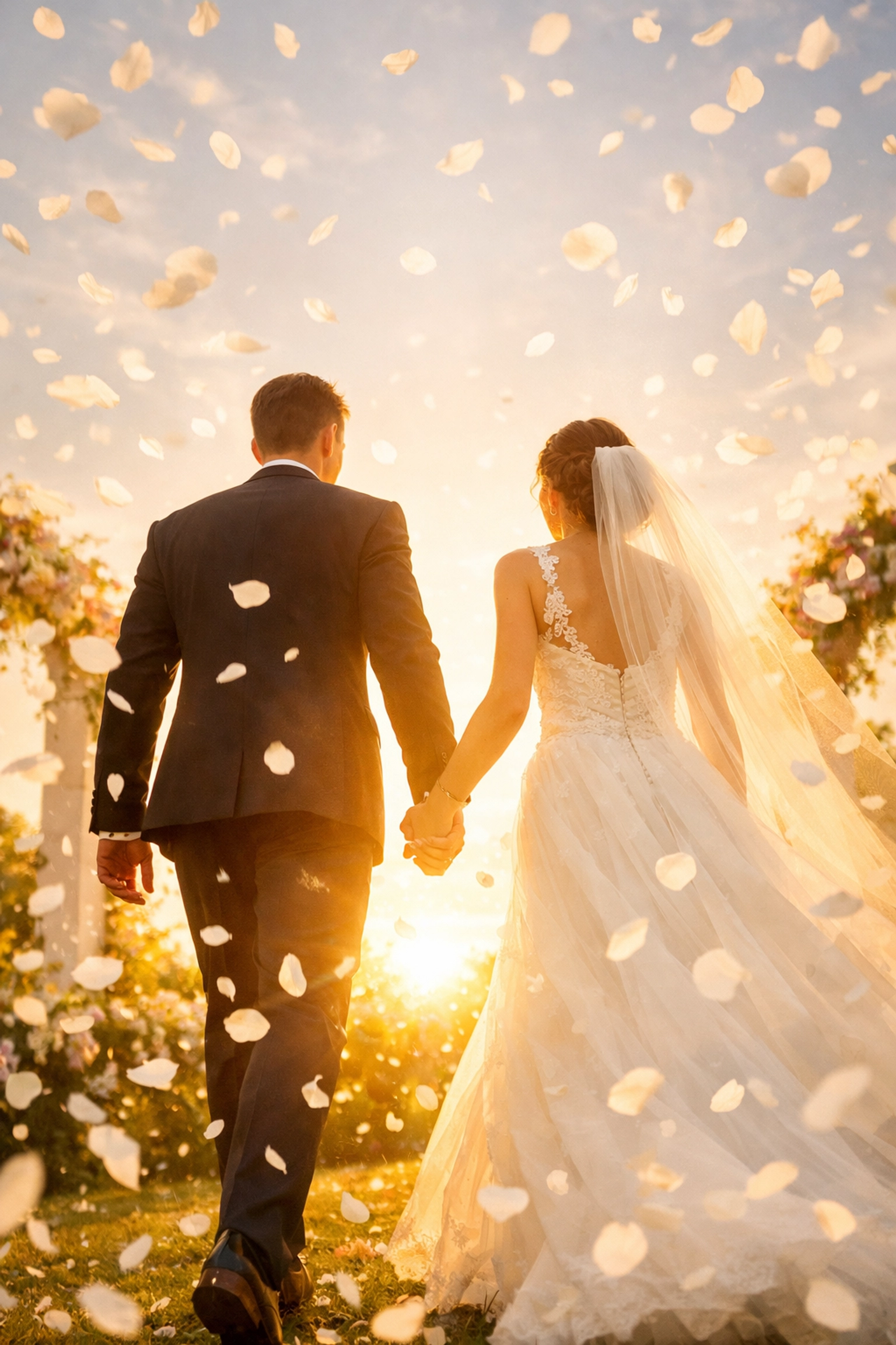 Newlyweds walking toward a bright future after a successful, debt-free wedding funded by their guests.