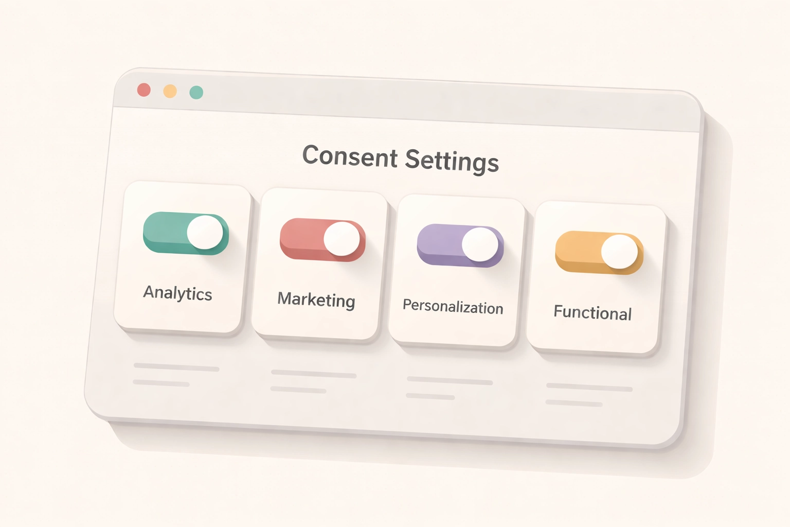 Dashboard displaying four Google Consent Mode v2 parameter toggles for controlling user data and ad tracking settings