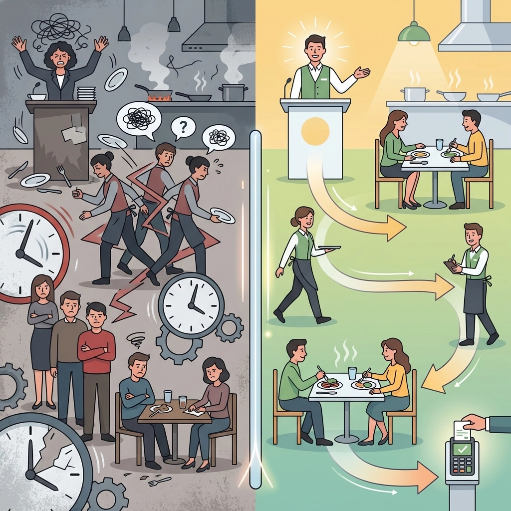 Infographic showing the difference between chaotic and efficient restaurant table management for faster customer service.
