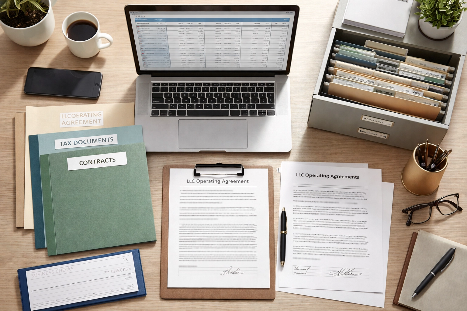 Overhead view of organized workspace with LLC documents, ledgers, and folders, showing best practices for real estate investor record-keeping.
