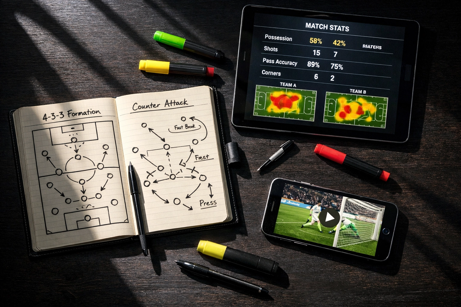 Taktische Fußballanalyse mit Notizbuch, Tablet und Statistiken am Schreibtisch