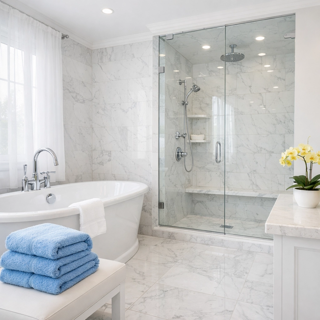 Pristine master bathroom with marble tiles and a soaking tub following a Westford deep cleaning service.