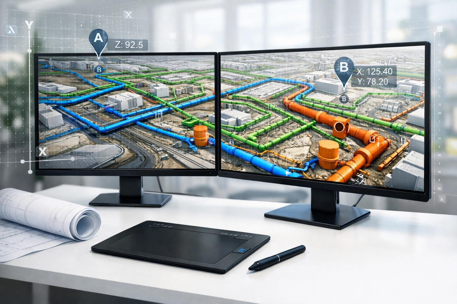 Professional site servicing plan for an Ontario development project displayed on an engineering workstation.