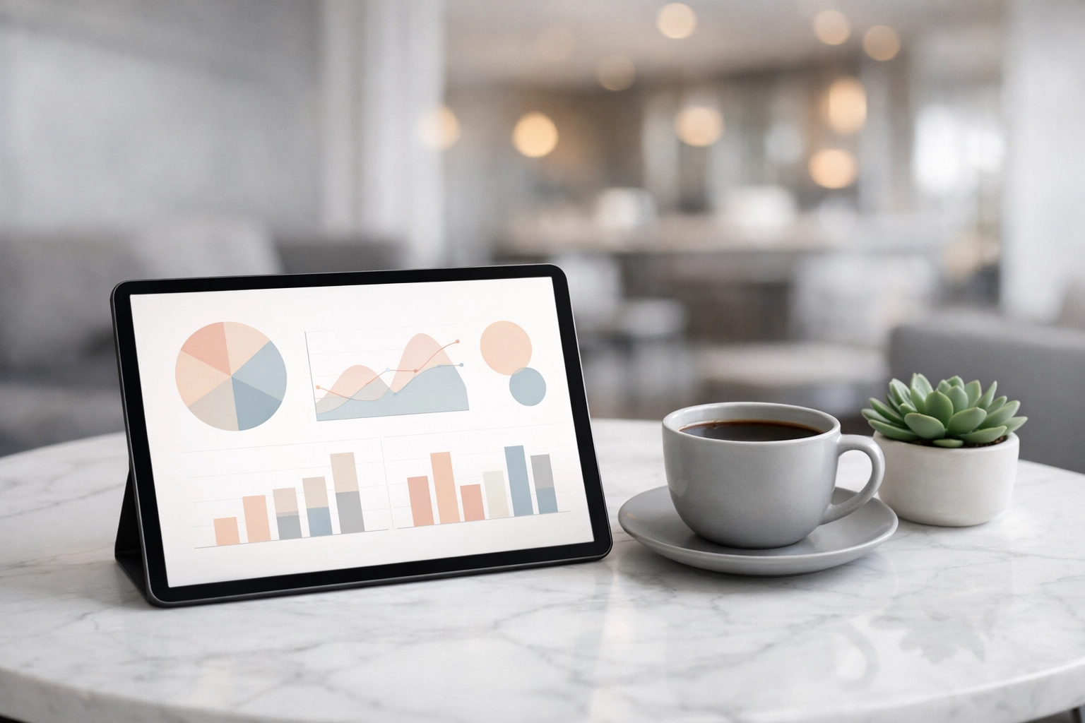 Cloud-based hotel management software dashboard displayed on a tablet in a professional hotel setting.
