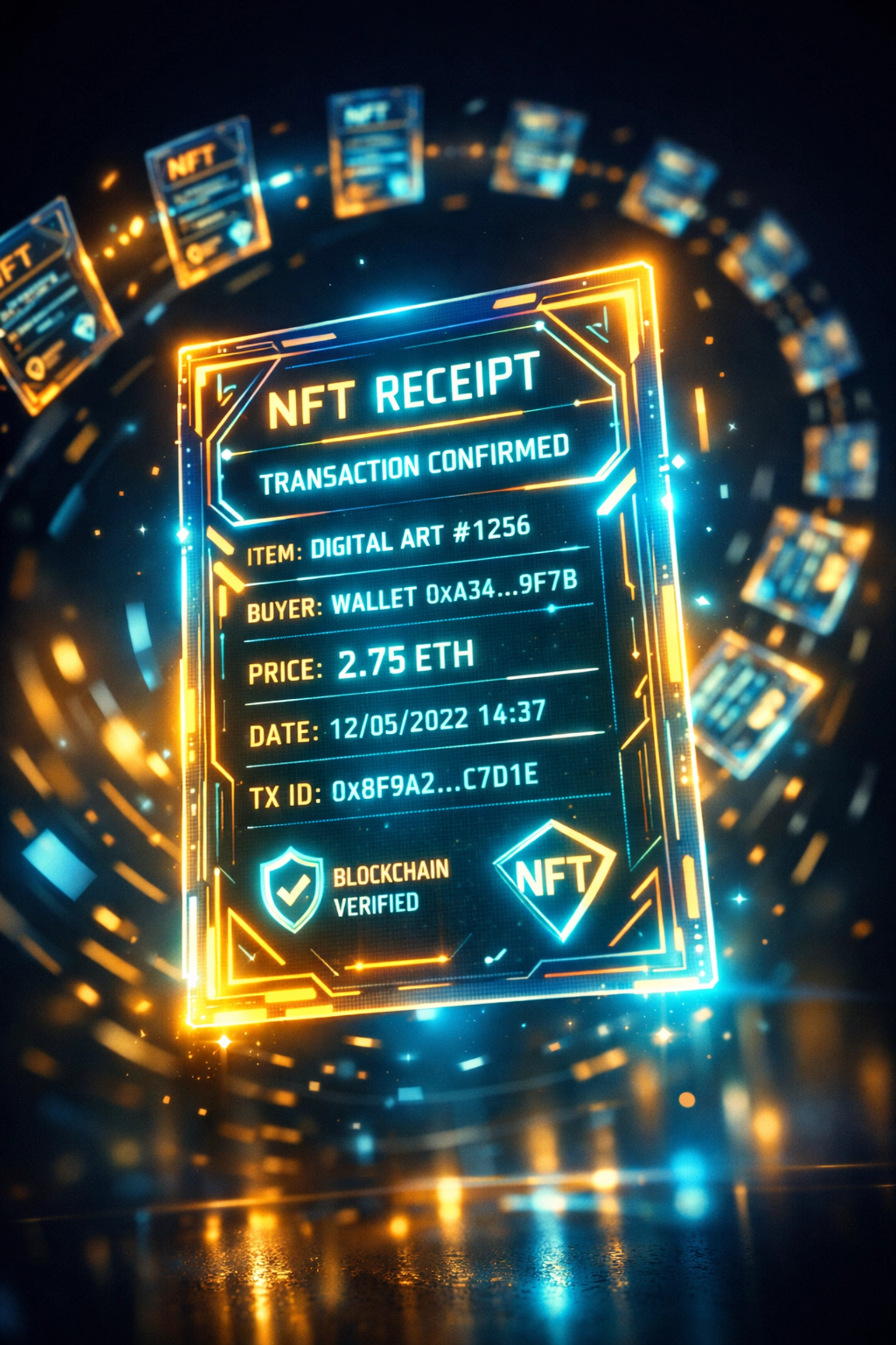 NFT transaction receipt showing blockchain-verified payment proof and immutable records