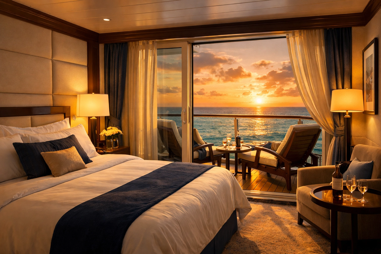 Luxury cruise cabin with ocean view balcony on lifestyle cruise