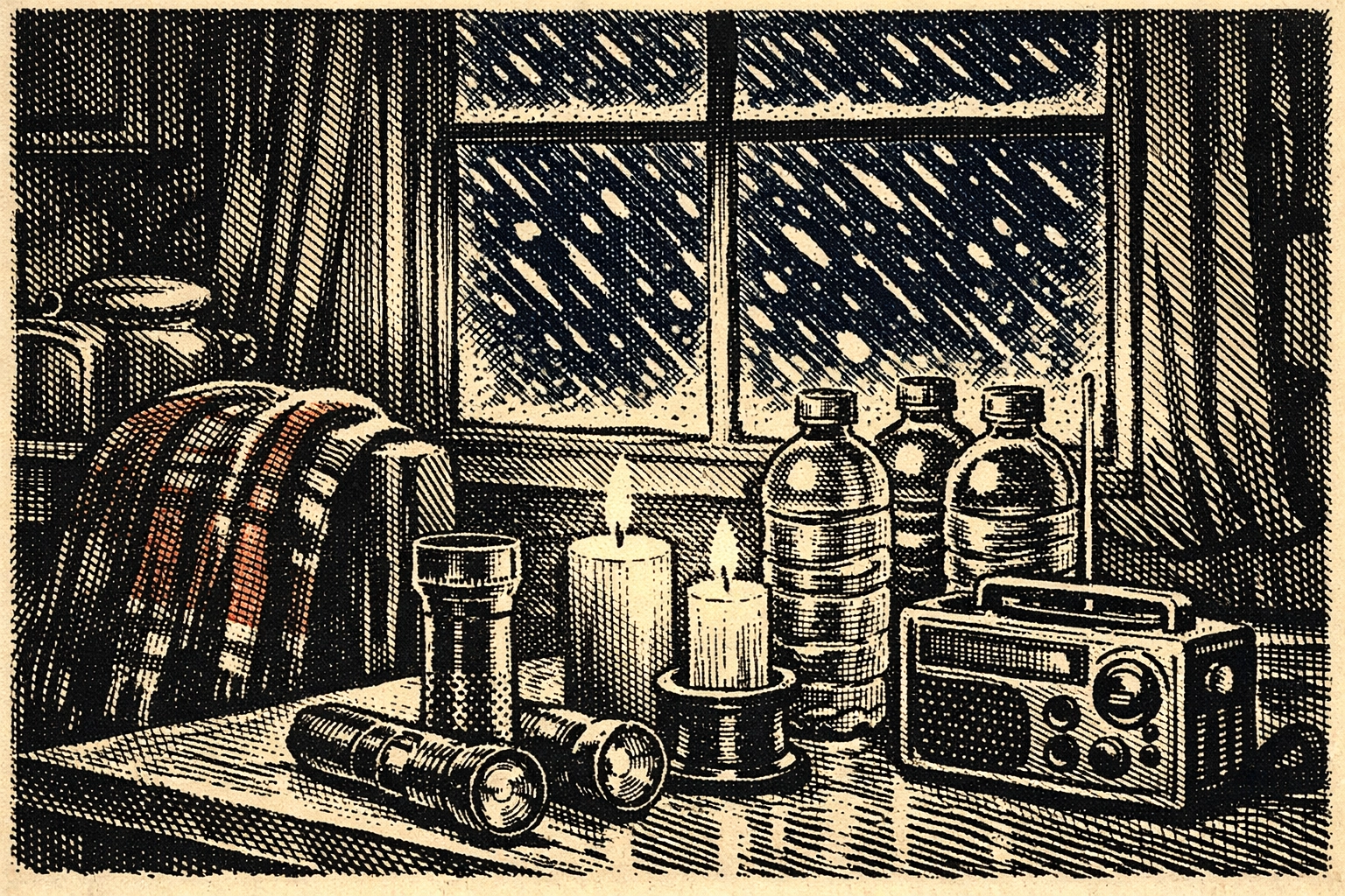 Cozy home interior with emergency supplies prepared for winter storm through frosted window