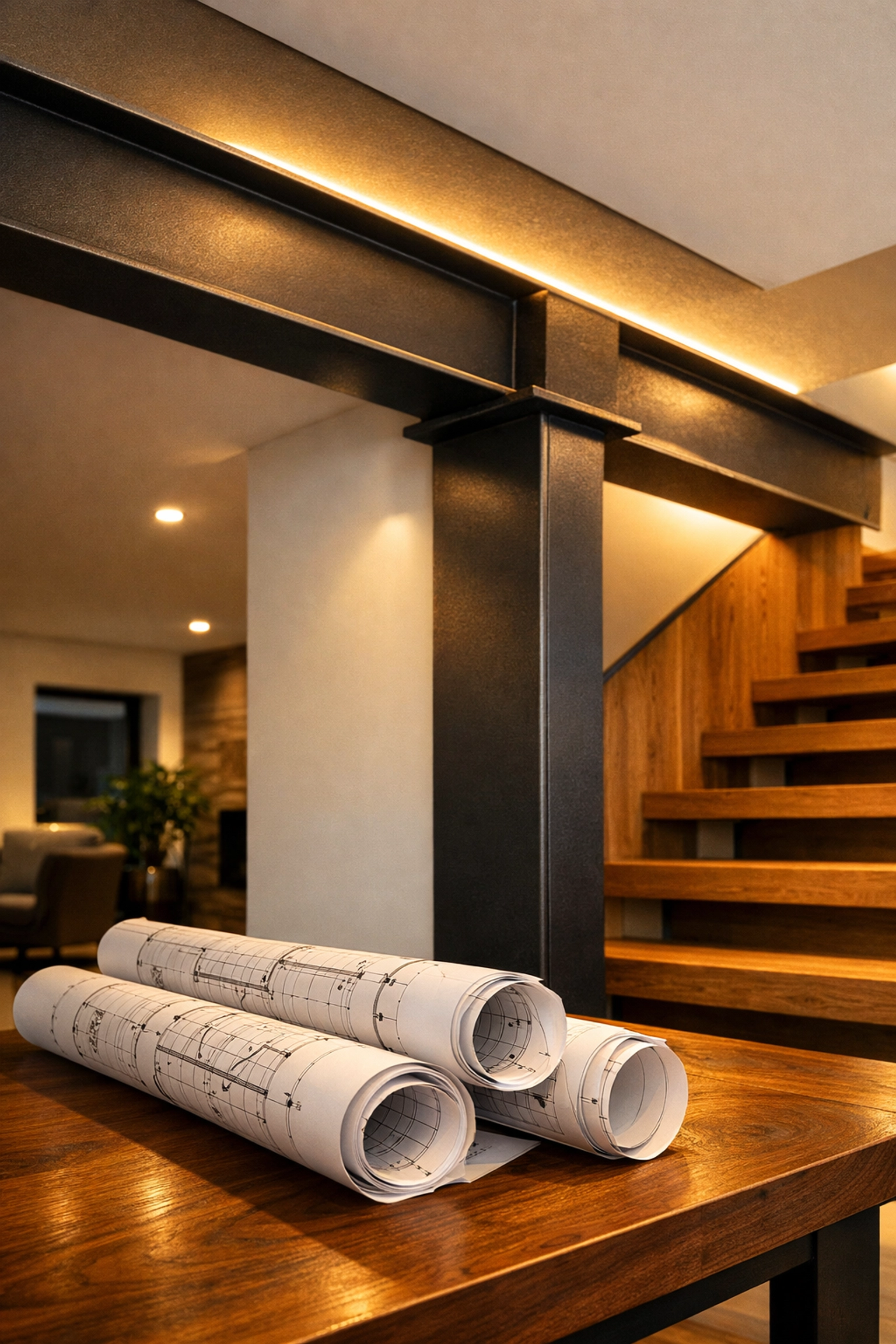 Structural steel beam and blueprints for a professional home extension in Bognor Regis.