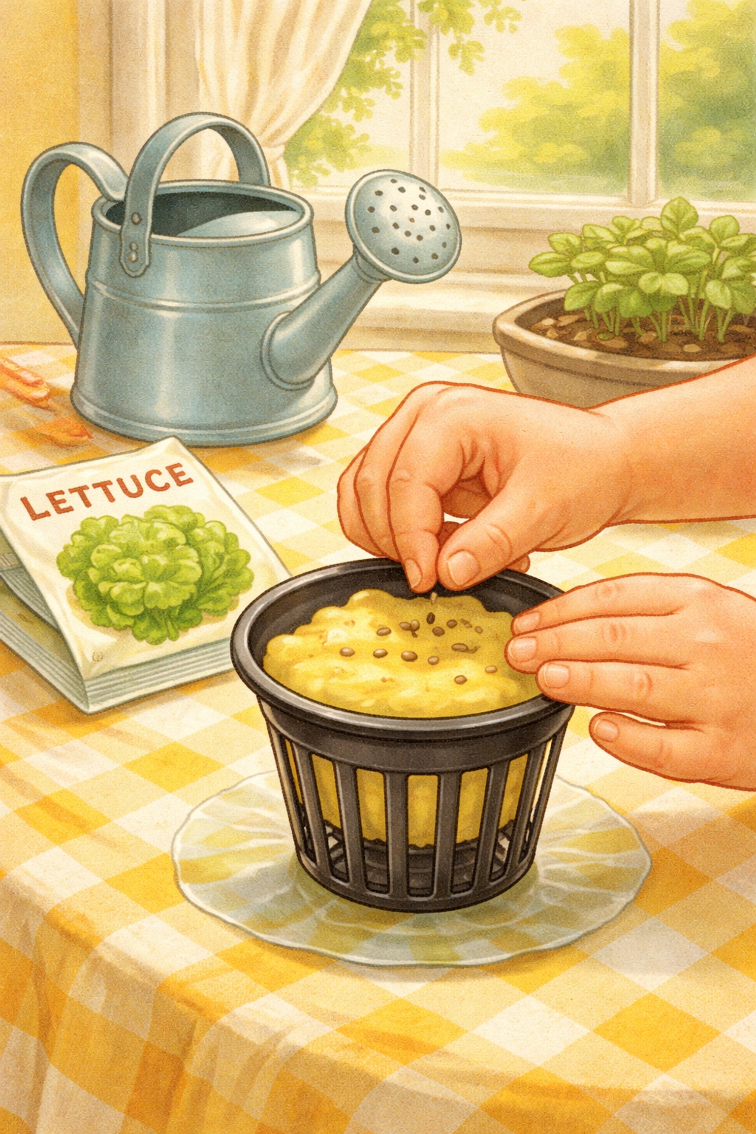 A child carefully places lettuce seeds into a sponge in a net cup, starting a simple Kratky Method hydroponic project at the kitchen table.