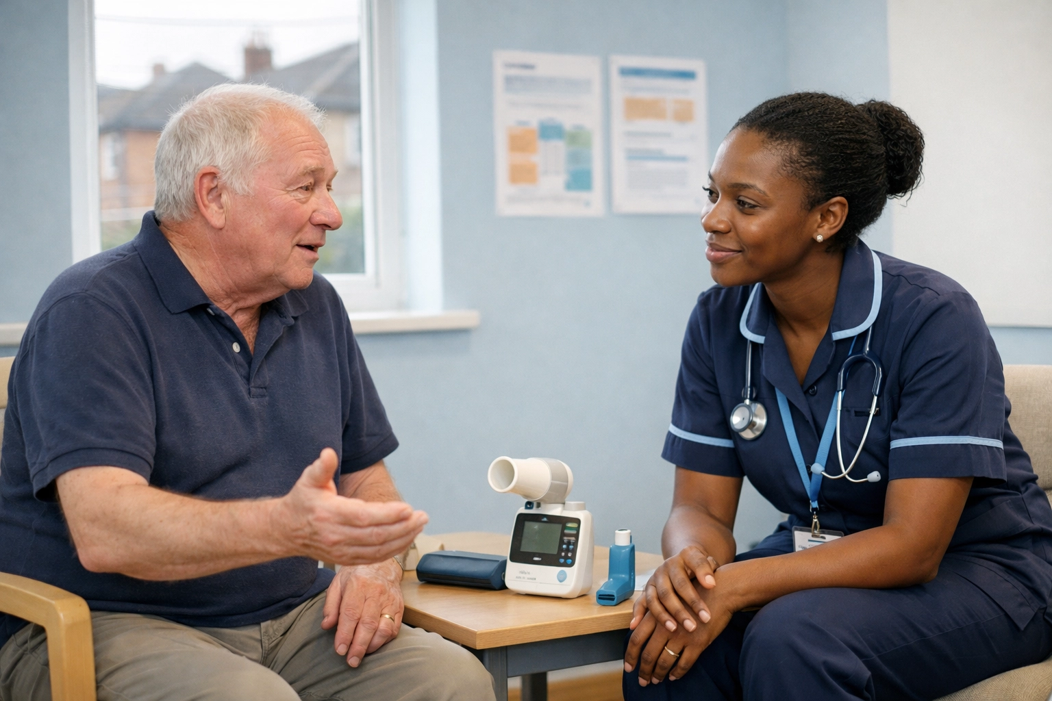 Respiratory nurse conducting patient-centred COPD consultation in NHS community health centre