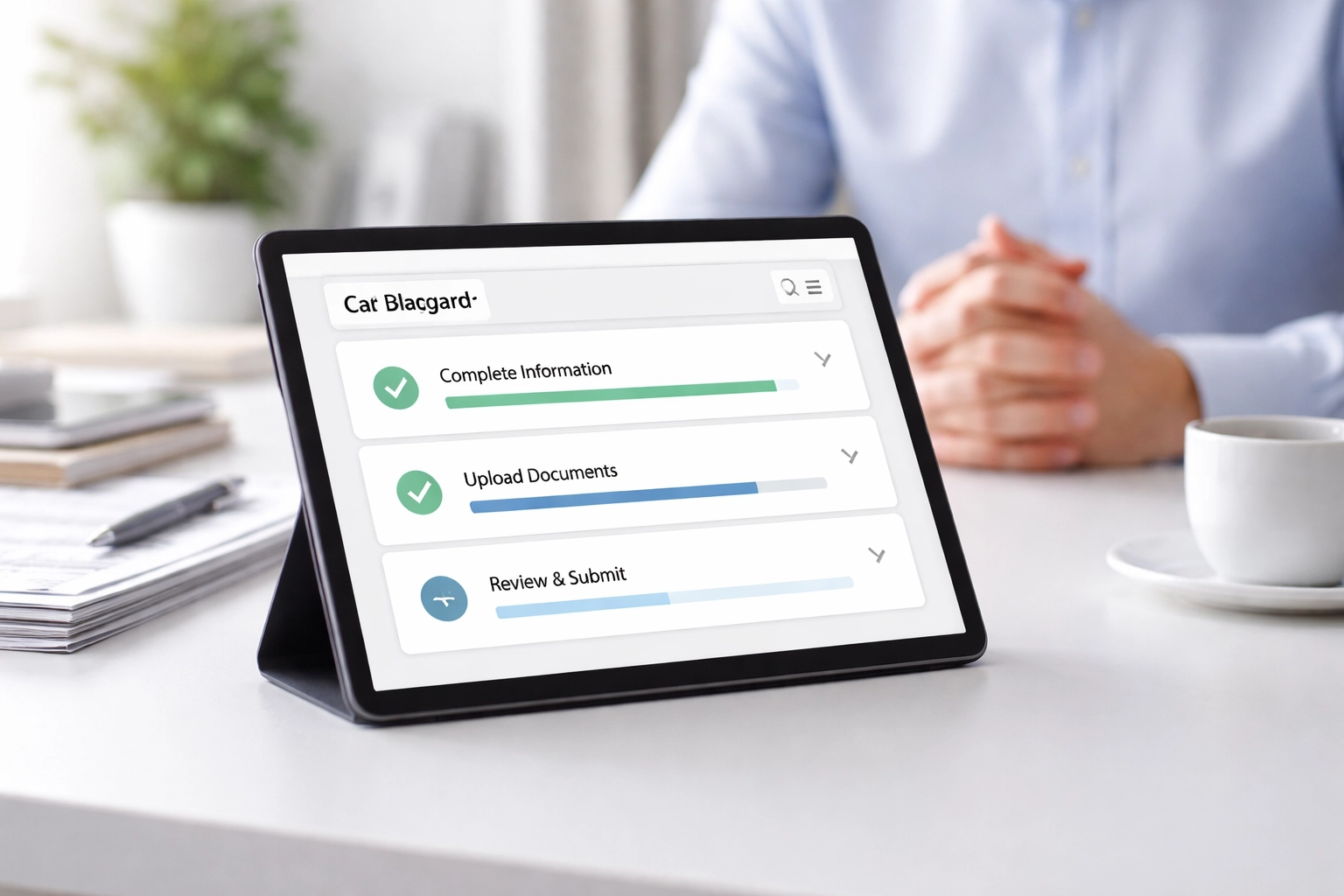 Tablet on modern white desk showing a dashboard with progress bars and checkmarks, representing organized automated document collection for tax professionals.