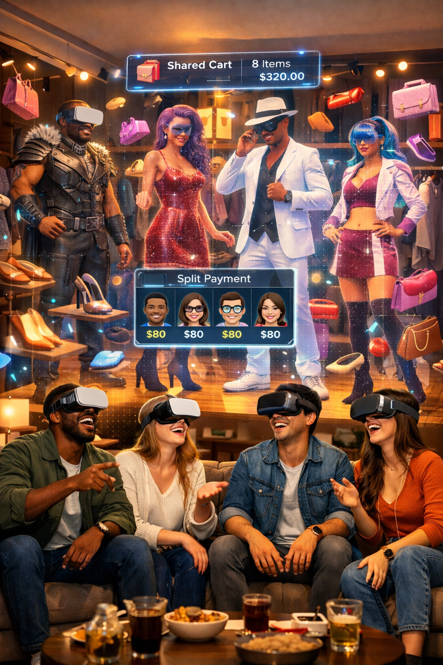 Friends social shopping together in metaverse virtual boutique with shared cart and VR avatars