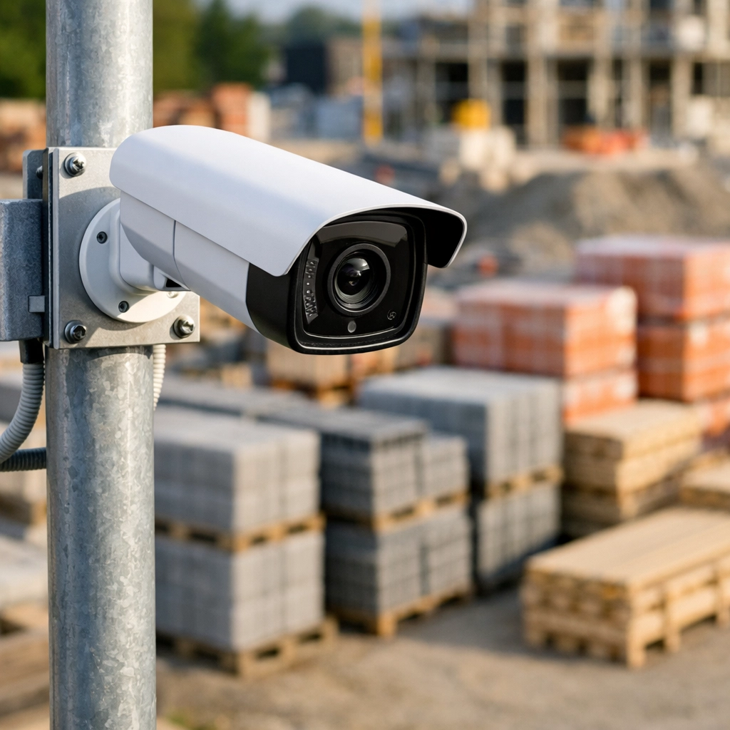 High-definition CCTV security camera monitoring building materials and assets on a professional construction site.